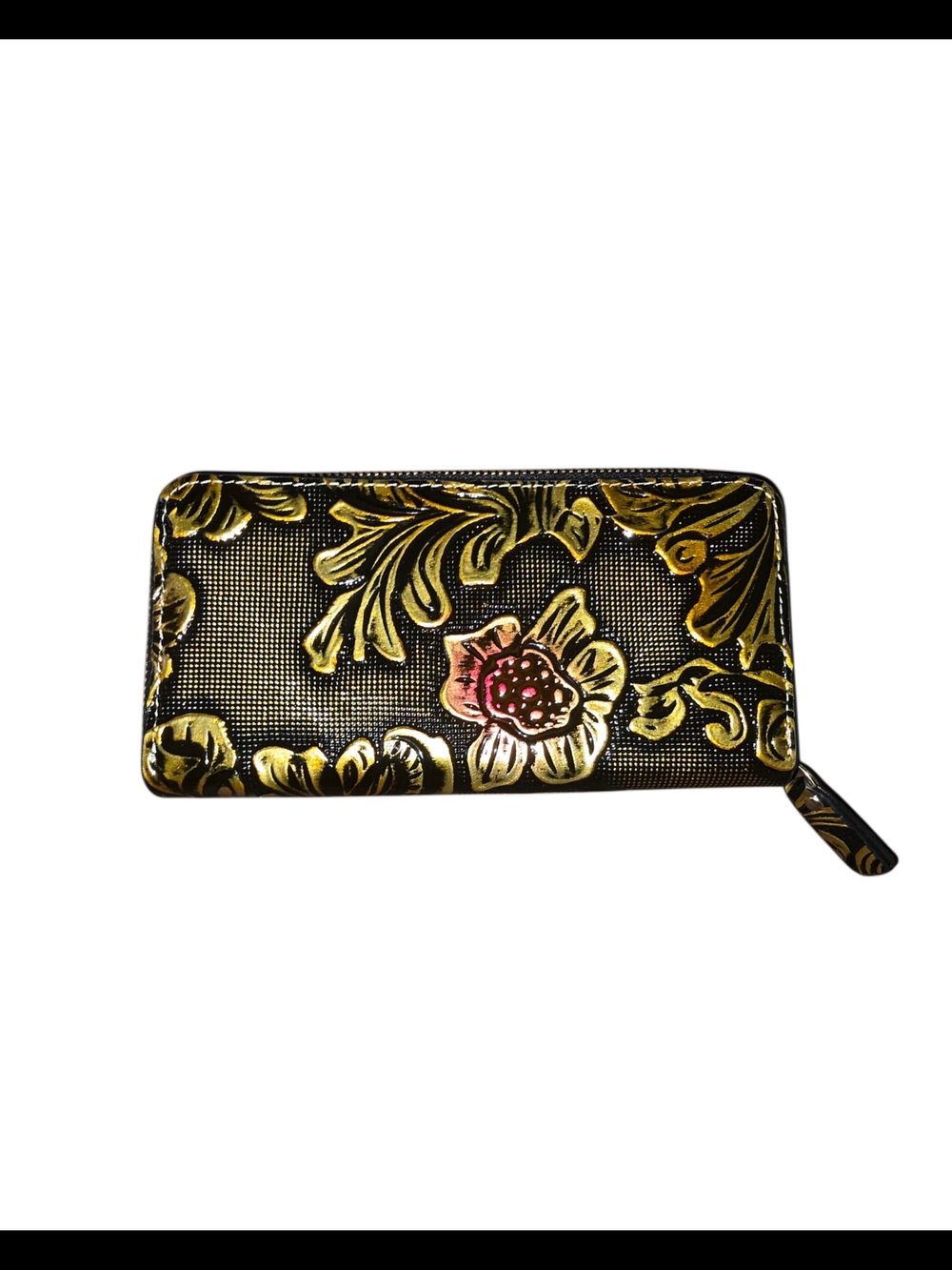 Brand New - Black and Gold Floral Embossed Zip-Around Wallet